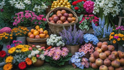 Wall Mural - Vibrant garden display featuring a variety of colorful flowers and fresh fruits in baskets against a lush green background.