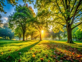 Canvas Print - Serene Morning Park: Lush Green Trees with High Depth of Field