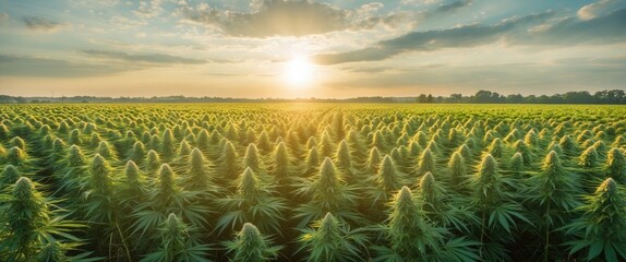 Poster - Sun Hemp Field Under Glowing Sunset with Lush Green Plants and Expansive Empty Space for Text or Branding