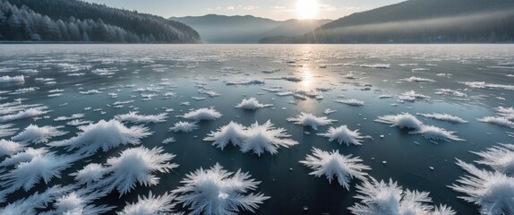 Sticker - Frost-covered frozen lake at sunrise with intricate ice crystal patterns creating a serene winter landscape scene.