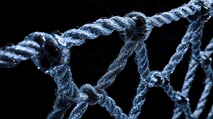 Close up of a detailed blue rope net against a black background. The texture is rough and shows wear. The lighting accentuates the intricate knotting.