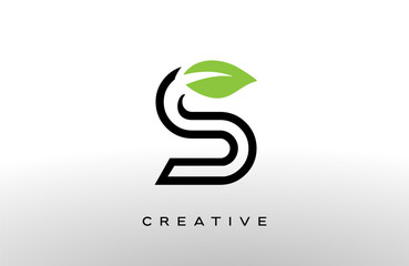Wall Mural - letter s logo design with green leaf made of black lines vector