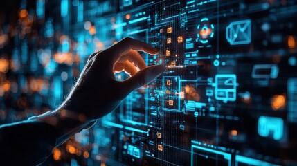 Digital Interaction: A Hand Interacts with a Futuristic Interface