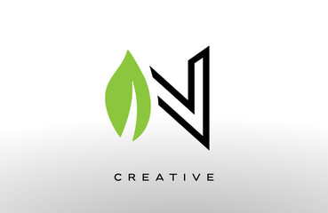 Wall Mural - letter n logo design with green leaf made of black lines vector