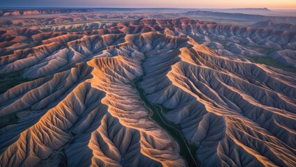 Wall Mural - aerial view of badlands showcasing dramatic ridges and valleys illuminated by soft dusk light highli