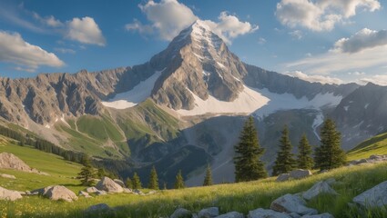 Wall Mural - Majestic mountain peak surrounded by lush meadows under a clear summer sky showcasing natural beauty and serene landscapes.