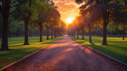 Wall Mural - sunset pathway in park surrounded by lush green trees with open space for text and warm glow of dusk
