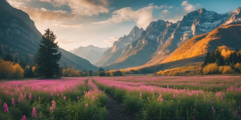 Poster - Stunning Landscape of Colorful Wildflowers and Majestic Mountains at Sunset with Blank Space for Inspirational Quotes or Text