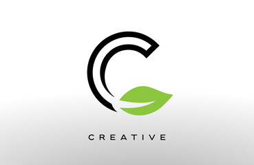 Wall Mural - letter c logo design with green leaf made of black lines vector