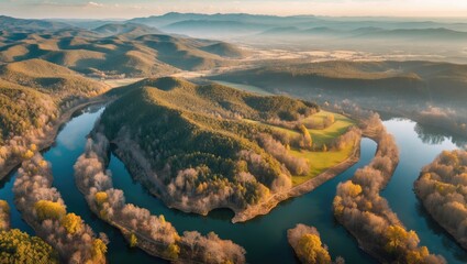 Wall Mural - Aerial View of Serene Landscape with River Curves and Lush Green Hills Under Soft Morning Light Ideal for Text Overlay