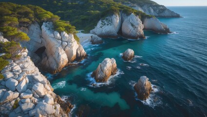 Wall Mural - Aerial View of Rocky Coastal Landscape with Clear Turquoise Waters and Vibrant Marine Environment Along the Shoreline