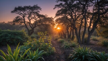 Wall Mural - serene sunrise landscape with long exposure of trees and plants illuminated by golden morning light