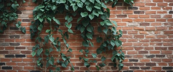 Canvas Print - Lush green climbing plant gracefully cascading over a rustic brick wall creating a harmonious blend of nature and architecture.