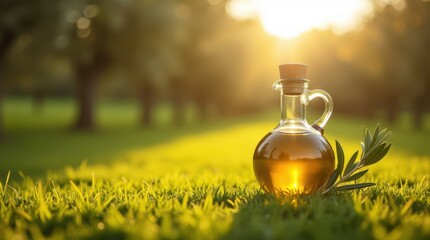 Bottled premium olive oil in serene landscape under golden sunlight