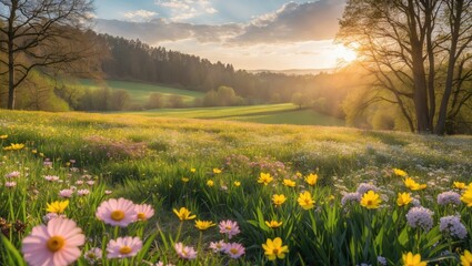 Poster - Lush Spring Meadow Bathed in Golden Sunlight with Colorful Wildflowers and Scenic Nature Landscape at Sunset