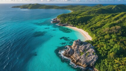 Wall Mural - Aerial View of Turquoise Caribbean Waters and Lush Green Coastline with Natural Rock Formation and Space for Text Insertions