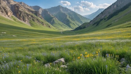 Poster - Vibrant Alpine Meadows in the Caucasus Mountains Showcasing Lush Greenery and Colorful Wildflowers Under Clear Blue Sky