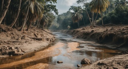 Wall Mural - Dry Riverbed in a Tropical Forest During the Dry Season with Reflections and Lush Palm Trees in the Background for Text Overlay