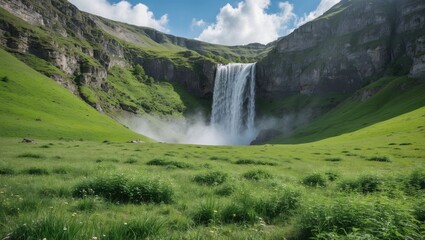 Wall Mural - Lush Green Mountain Meadow with Majestic Waterfall Surrounded by Rugged Cliffs and Space for Text Overlay in Scenic Landscape Photo