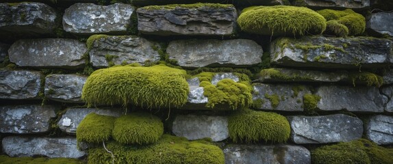 Canvas Print - Moss covered stones creating a textured natural wall with vibrant green hues highlighting the beauty of nature and aging stonework.