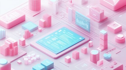 A digital landscape featuring abstract, pastel-colored buildings and structures, emphasizing a futuristic and technological theme.