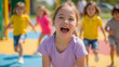 © KeetaKawee - Happy child laughing joyfully at playground with friends playing in the background on a sunny day filled with vibrant colors and fun