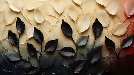 Wall Mural - Abstract Textured Painting Of Black Leaves On Beige Background