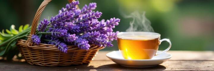 Wall Mural - Freshly picked lavender in a basket with a steaming cup of lemon tea, serene, peaceful