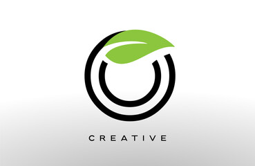 Wall Mural - letter o logo design with green leaf made of black lines vector
