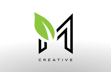 Wall Mural - letter m logo design with green leaf made of black lines vector