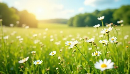 Wall Mural - Sun-kissed meadow with wildflowers swaying gently in breeze, flowers, field of white flowers