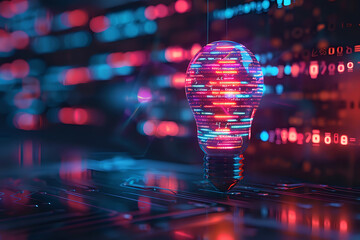 Futuristic digital light bulb with glowing binary code projection against dark background with bokeh effects, perfect for technology innovation concepts.