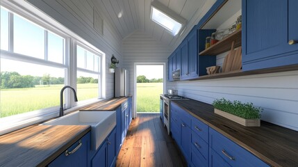 Wall Mural - Bright, airy tiny house kitchen with expansive windows overlooking a field.  Wooden countertops, farmhouse sink, and blue cabinets create a cozy and modern design.  Natural light floods the space.