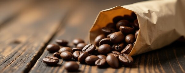 Wall Mural - Simple coffee bean in brown paper sack on wooden table, texture, simple, natural