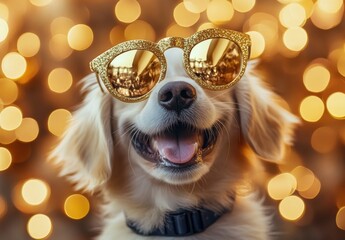 a proud puppy celebrates the beginning of new year 2025 with golden and shiny gold glasses. happy new year 2025 and merry christmas postcard funny greeting card.