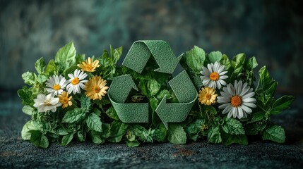 Wall Mural - Green recycle symbol amidst blooming flowers on dark background for eco-campaign