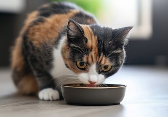 Cute calico cat drinking from a bowl on a wooden floor in a bright and cozy room with blurred background and soft natural light