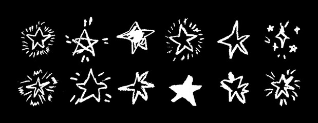 Wall Mural - set of fun like kid drawing white stars. collection of wax pencil texture geometric elements. night 