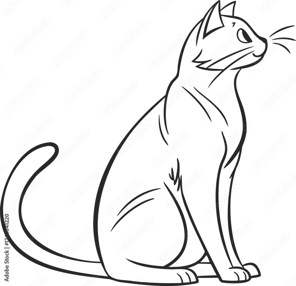 Minimalist Black and White Line Art Illustration of a Sitting Cat in ...
