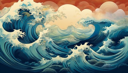 Wall Mural - background illustration of violent sea waves in the middle of the ocean japanese style painting
