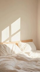 Poster - Soft morning sunlight gently streaming through hotel room window, casting warm shadows across rumpled white linens of an unmade bed, embodying tranquil vacation comfort and serene hospitality