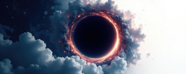 Wall Mural - large black hole on a white background with swirling dark clouds and stars in the distance, galaxies