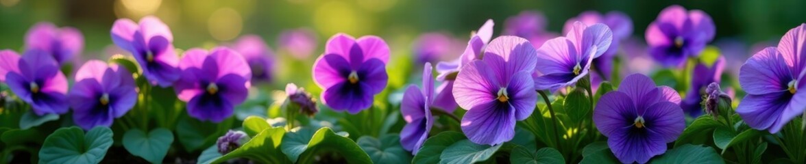 Wall Mural - Large purple blooms dominate the landscape of dense green leaves, pansy, foliage, flowerbed