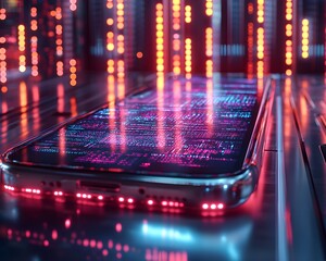 futuristic smartphone on sleek metallic desk with dynamic code and holograms – generative ai