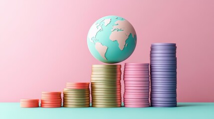 Wall Mural - a colorful globe sits atop rising stacks of coins against a pink background, symbolizing global fina