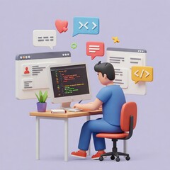 3D Work with software. Man writes code at computer, develops program, website or application. Programmer or IT specialist at work. Freelancer or remote employee. Cartoon 3D vector illustration