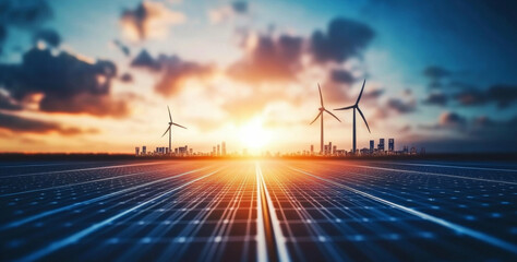 Wall Mural - Bright sunlight illuminates a vast solar panel field as wind turbines spin gently in the distance. The scene captures the harmony between renewable energy sources during early morning.