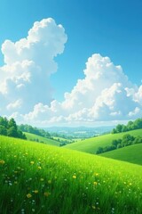 Wall Mural - Fluffy white clouds gaze down at a serene landscape, green, scenery, landscape