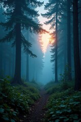 Wall Mural - Serene forest at dawn with blue sky and misty atmosphere, foliage, landscape, nature