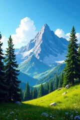 Wall Mural - serene mountain landscape with towering trees under a clear blue sky, sky, serenity